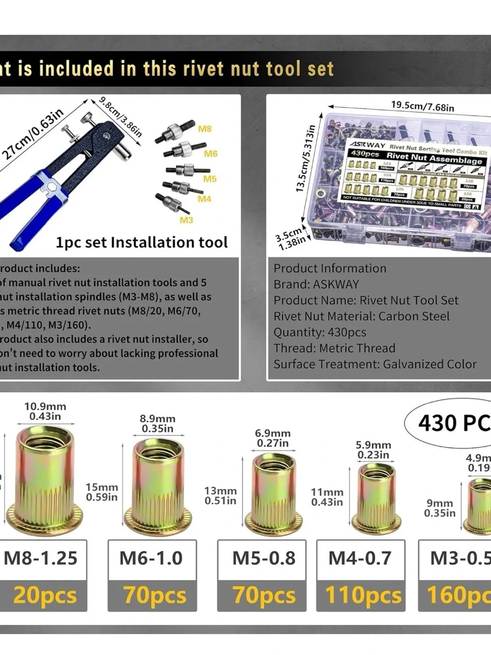 Rivet Nut & Hand Tool Combo Kit 430 Pcs 1 Pcs Rivet Nut Carbon Steel